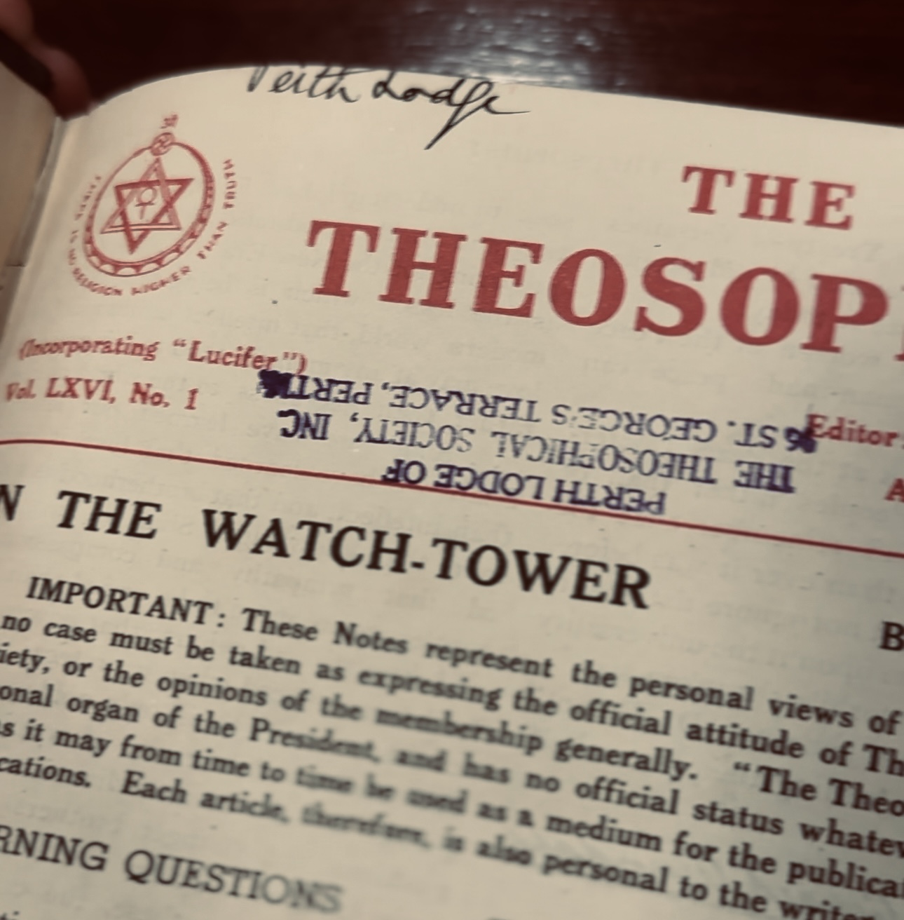 Inside a bound edition of The Theosophist magazine, Perth Lodge