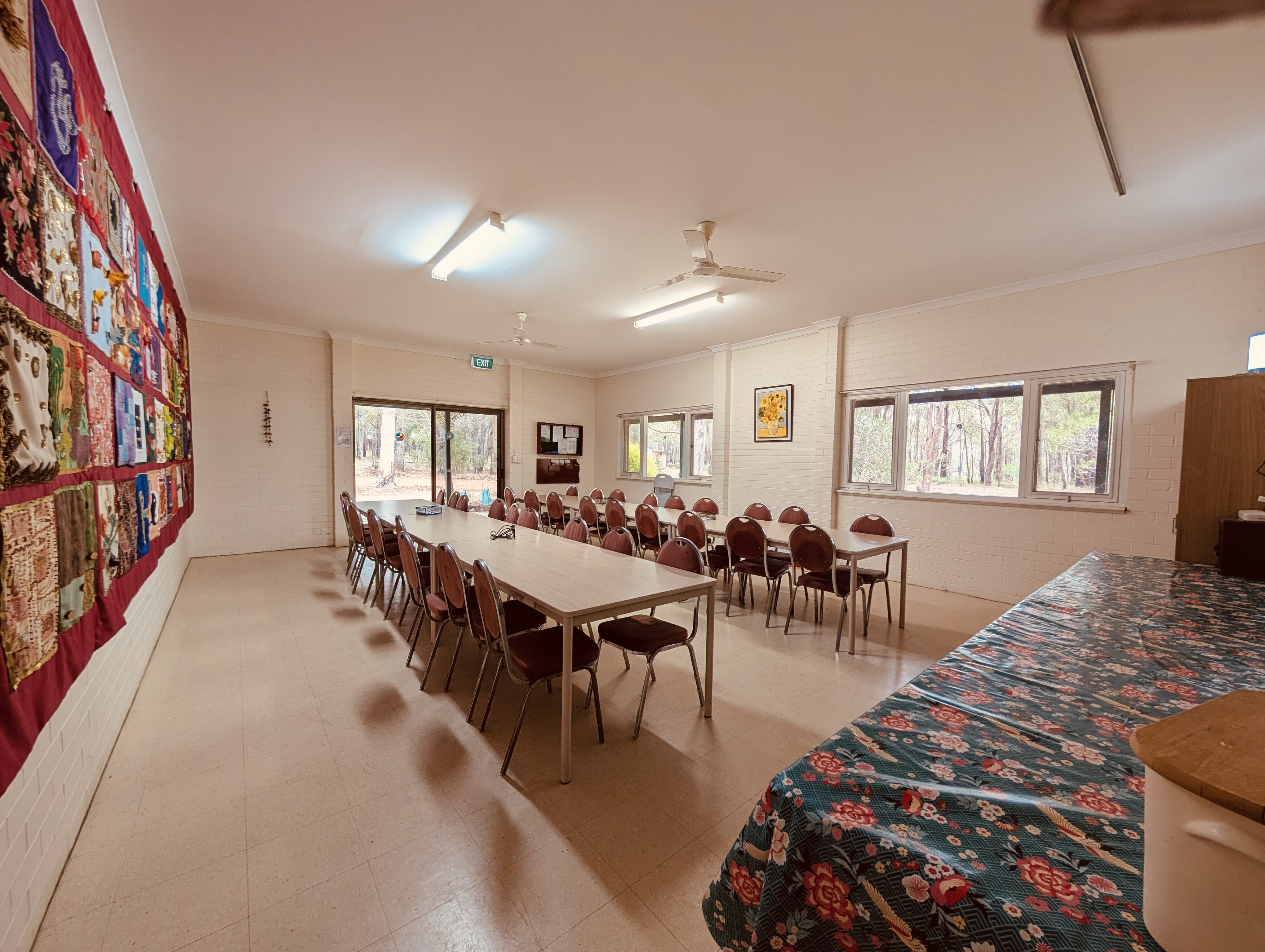 Dining hall with long tables